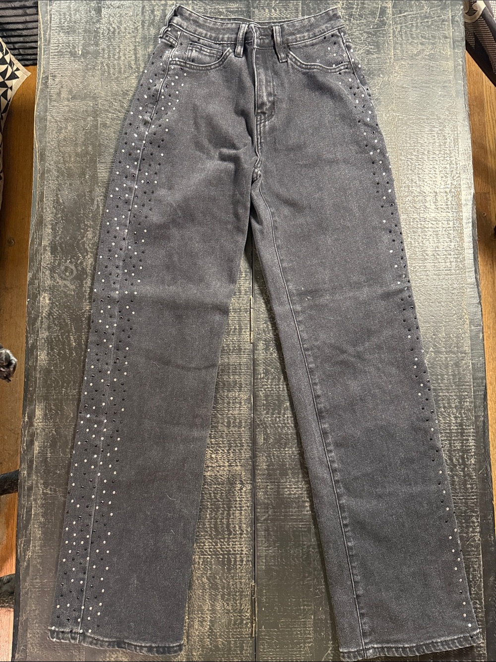 Fashion Nova Black Straight-Leg Jeans with Rhinestone Side Trim